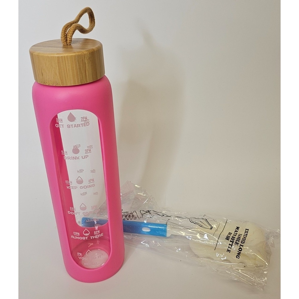 Glass Water Bottle with Straw - Motivational Time Marker & Pink Silicone Sleeve